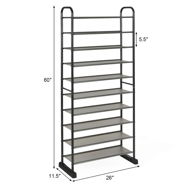10-Tier Free-Standing Metal Frame Shoe Rack, Black
