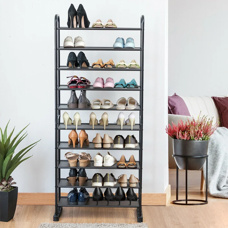 10-Tier Free-Standing Metal Frame Shoe Rack, Black