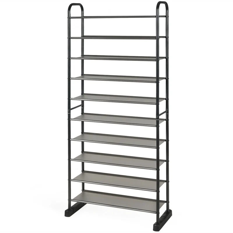 10-Tier Free-Standing Metal Frame Shoe Rack, Black