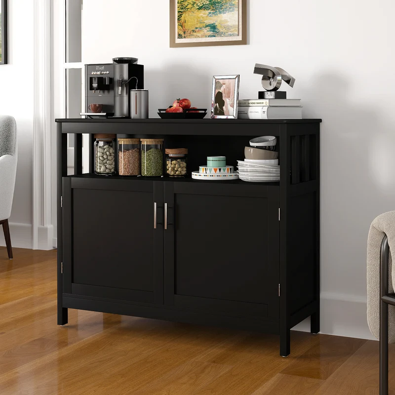 Kitchen Buffet Server Sideboard, Storage Cabinet, 2 Doors, Shelf, Black