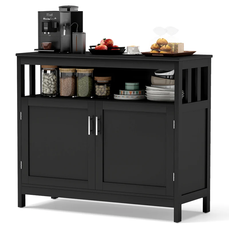 Kitchen Buffet Server Sideboard, Storage Cabinet, 2 Doors, Shelf, Black