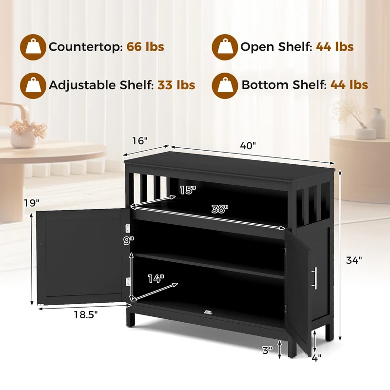 Kitchen Buffet Server Sideboard, Storage Cabinet, 2 Doors, Shelf, Black