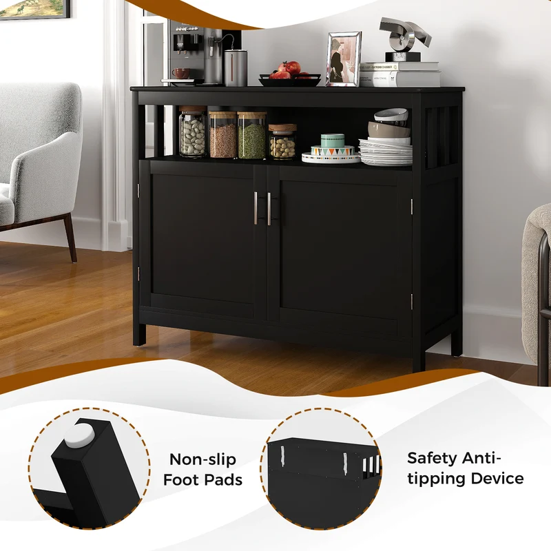 Kitchen Buffet Server Sideboard, Storage Cabinet, 2 Doors, Shelf, Black