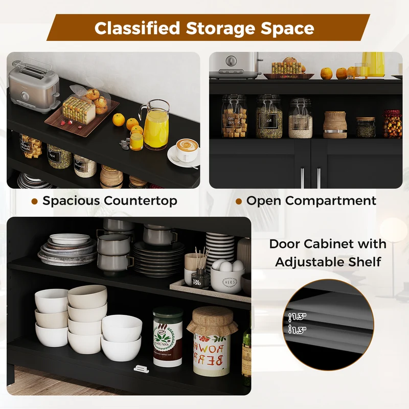 Kitchen Buffet Server Sideboard, Storage Cabinet, 2 Doors, Shelf, Black