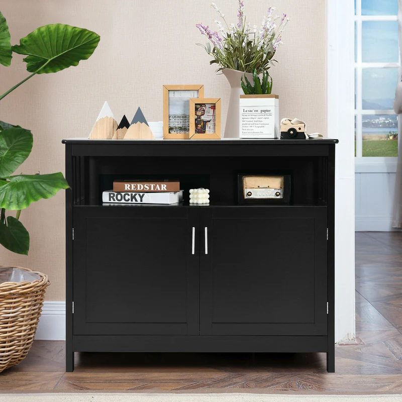 Kitchen Buffet Server Sideboard, Storage Cabinet, 2 Doors, Shelf, Black