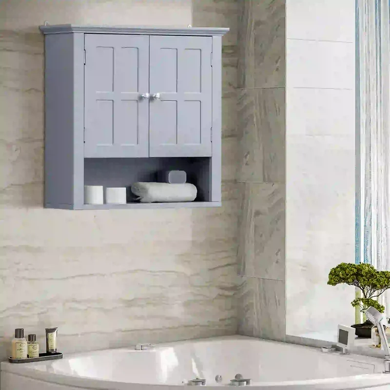 Wall Cabinet, Medicine Cabinet, Over Toilet, Adjustable Shelf, 2 Doors, Gray