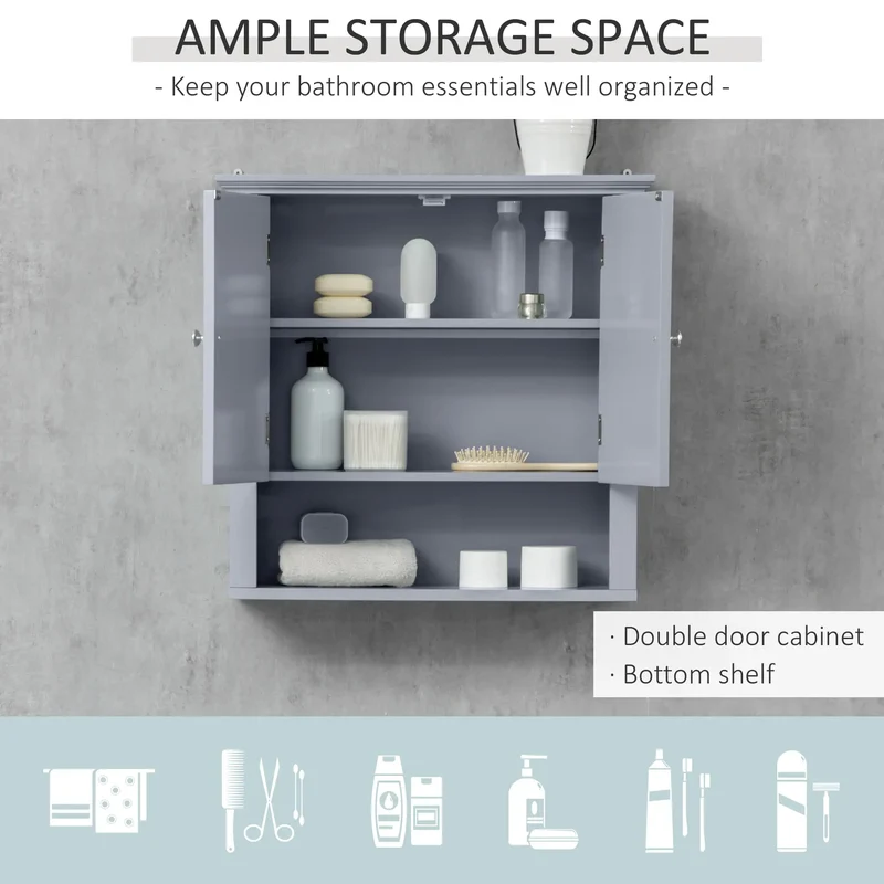 Wall Cabinet, Medicine Cabinet, Over Toilet, Adjustable Shelf, 2 Doors, Gray