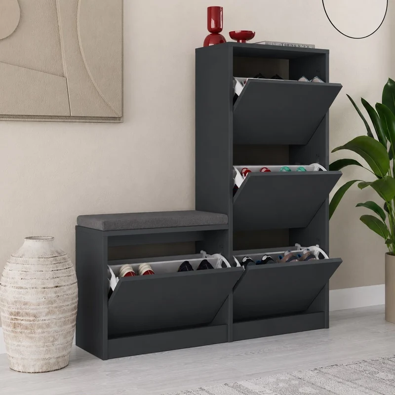 Banc à chaussures DUDE 4 compartiments - Gris Anthracite - Meuble d'entrée