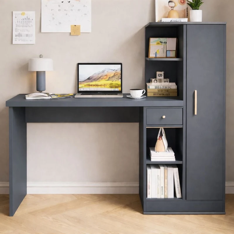 Bureau Randy - Gris Anthracite - avec Bibliotheque en Bois