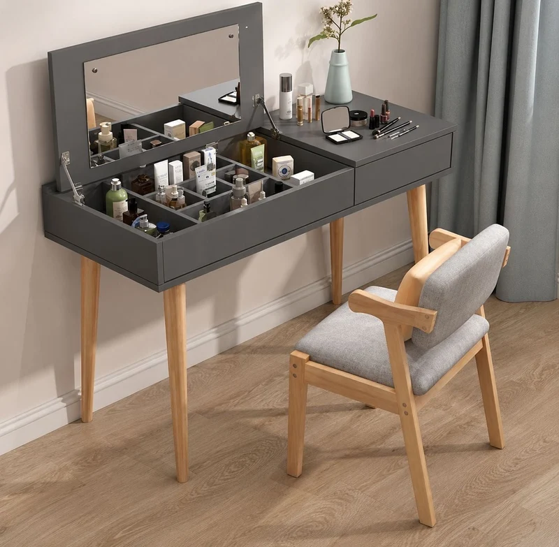 Coiffeuse Sansa avec miroir - Gris Anthracite et chêne