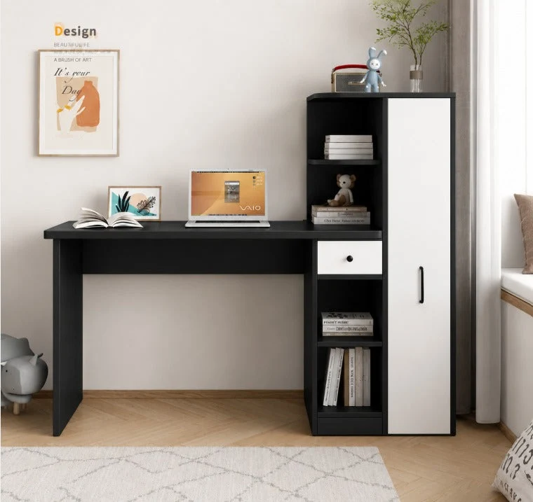 Bureau Randy - Noir - avec Bibliotheque en Bois
