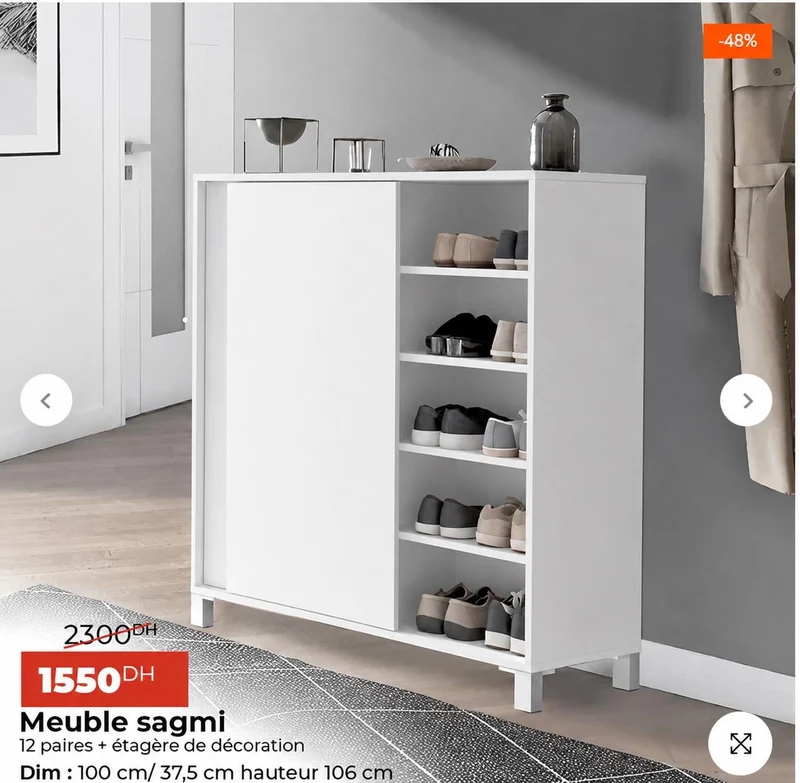 Meuble chaussure SAGI Blanc avec 2 porte coulissante