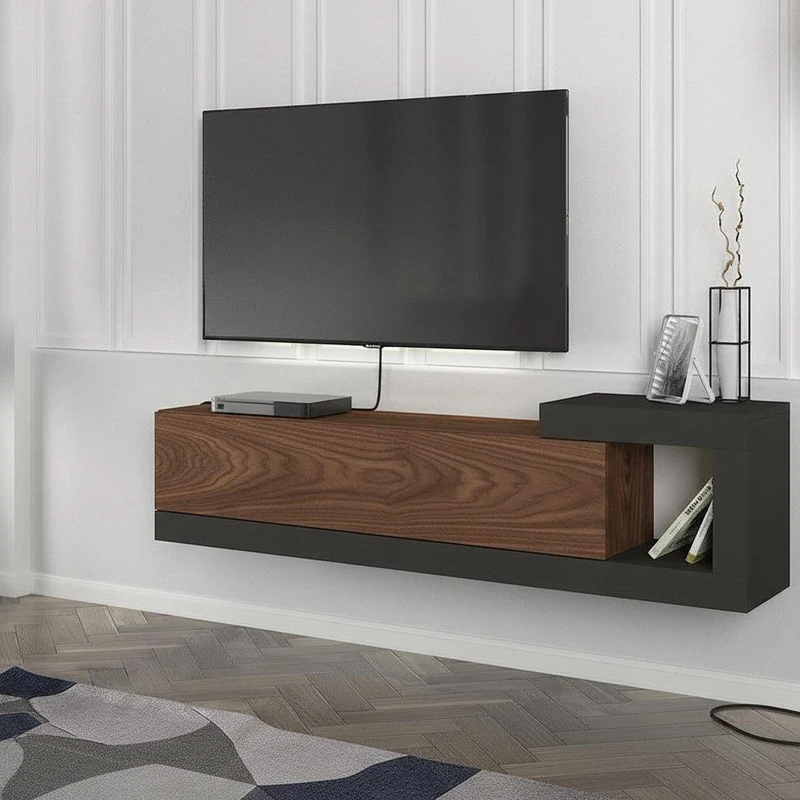 Meuble TV Suspendu VOLARE 150 cm - Noir et Noyer