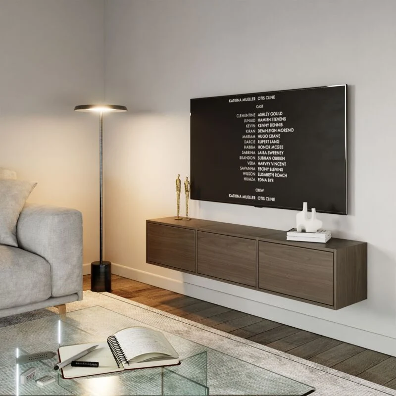Selsey – Meuble TV mural suspendu 150 cm – 3 abattants – Noyer, Mécanisme Push-to-Open