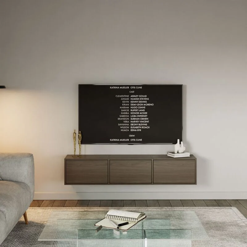 Selsey – Meuble TV mural suspendu 150 cm – 3 abattants – Noyer, Mécanisme Push-to-Open