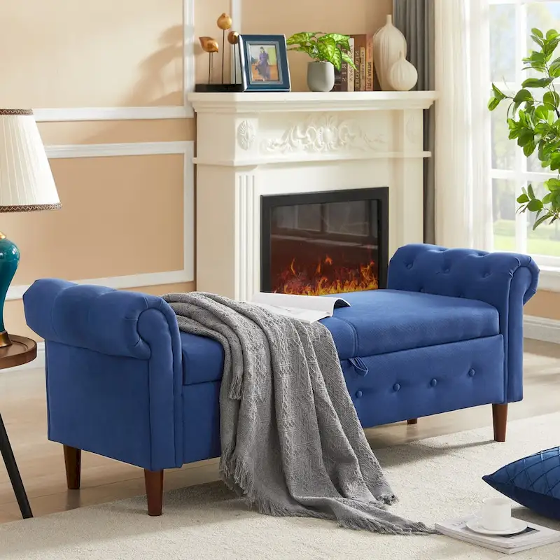 Banc de rangement pour chambre, bout de lit, accoudoirs roulés, tissu lin, canapé ottoman, long banc