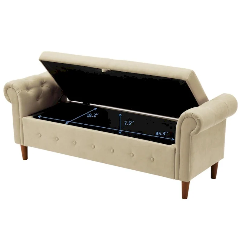 Banc de rangement pour chambre, bout de lit, accoudoirs roulés, tissu lin, canapé ottoman, long banc