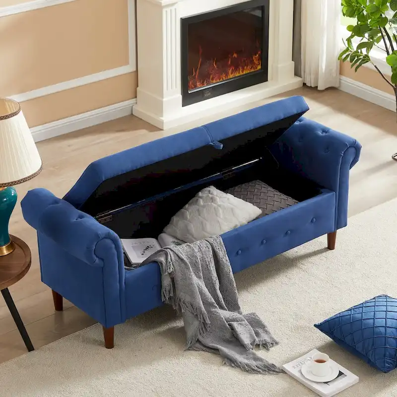Banc de rangement pour chambre, bout de lit, accoudoirs roulés, tissu lin, canapé ottoman, long banc