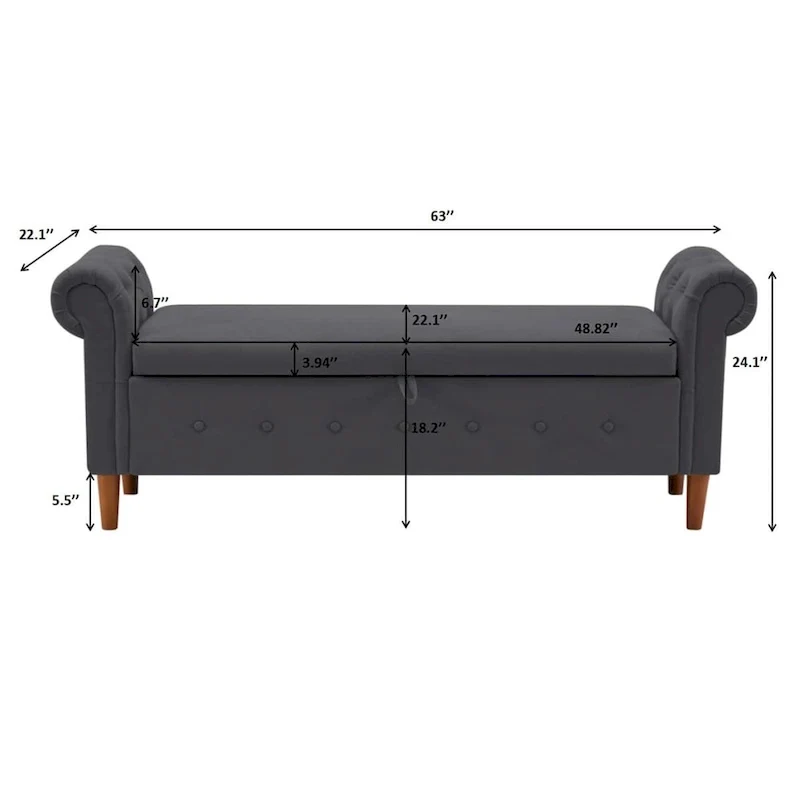 Banc de rangement pour chambre, bout de lit, accoudoirs roulés, tissu lin, canapé ottoman, long banc