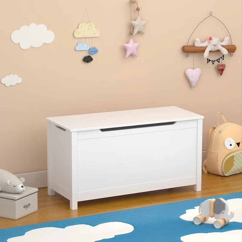 Coffre de rangement en bois pour enfants avec couvercle à charnière de sécurité, pour les 3 ans et plus. Idéal pour le salon, la salle à manger, l'entrée.