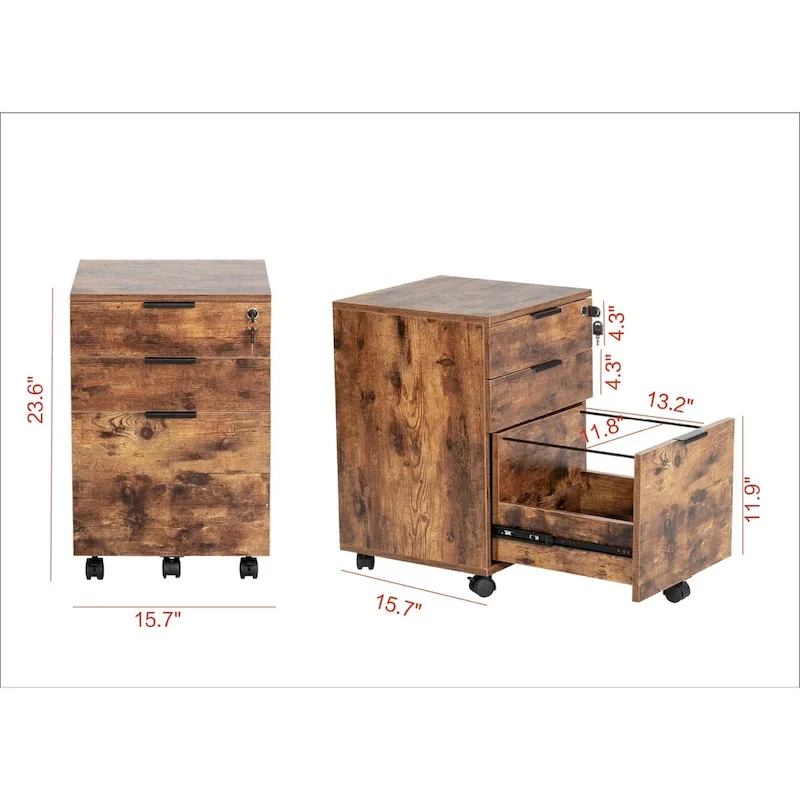 Meuble de rangement à roulettes en bois à 3 tiroirs avec serrure et roulettes
