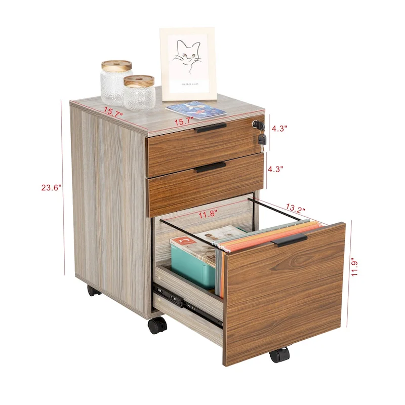 Meuble de rangement à roulettes en bois à 3 tiroirs avec serrure et roulettes