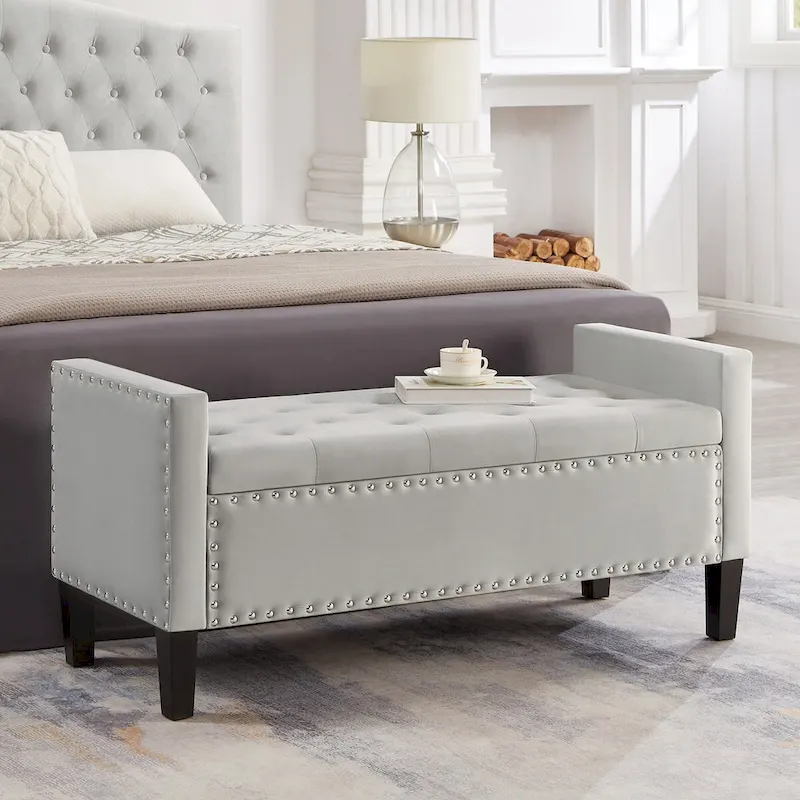 Banc de rangement capitonné avec boutons et clous décoratifs, siège rembourré doux avec accoudoirs pour entrée ou salon, bout de lit - Gris