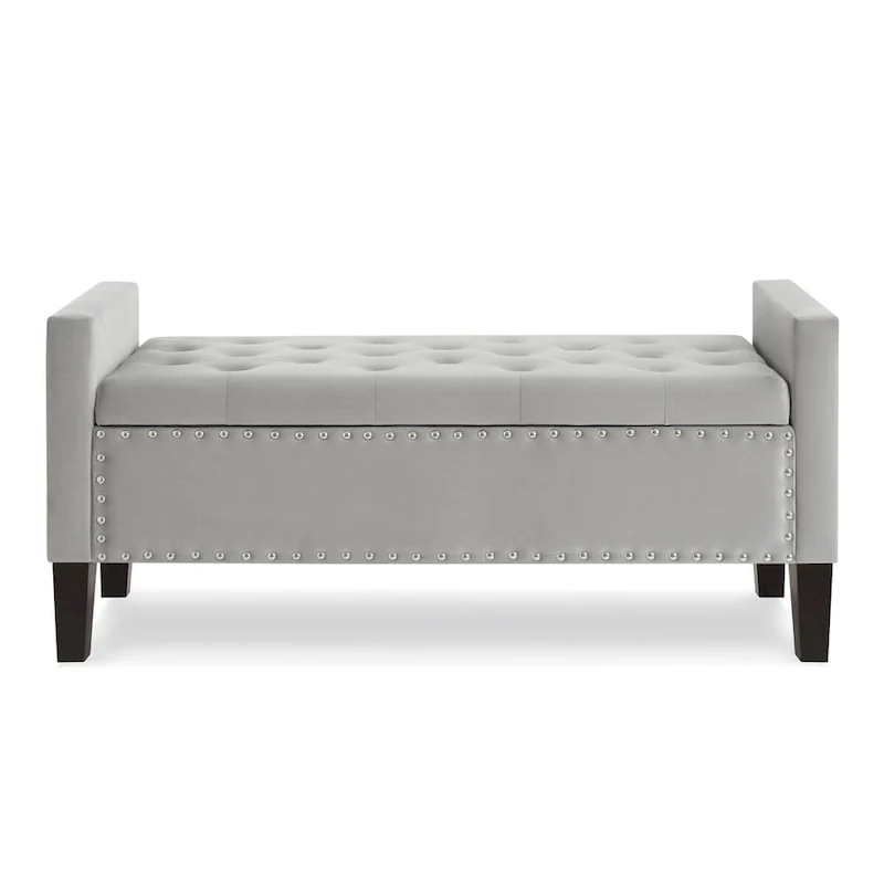 Banc de rangement capitonné avec boutons et clous décoratifs, siège rembourré doux avec accoudoirs pour entrée ou salon, bout de lit - Gris