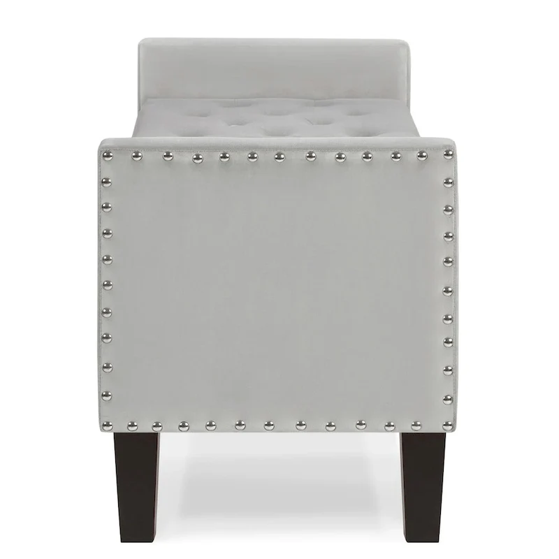 Banc de rangement capitonné avec boutons et clous décoratifs, siège rembourré doux avec accoudoirs pour entrée ou salon, bout de lit - Gris