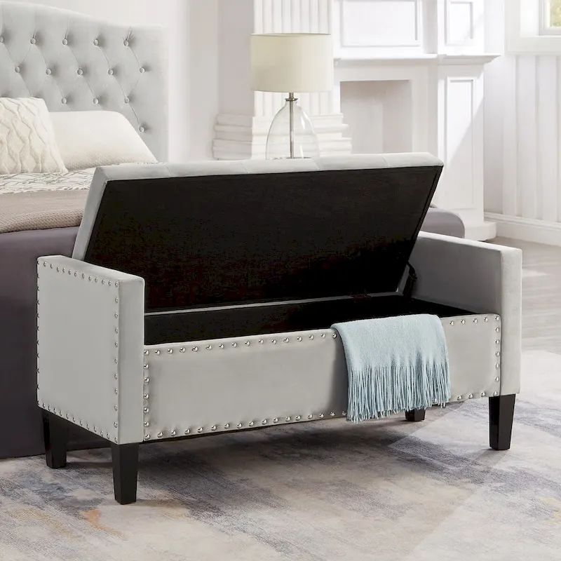 Banc de rangement capitonné avec boutons et clous décoratifs, siège rembourré doux avec accoudoirs pour entrée ou salon, bout de lit - Gris