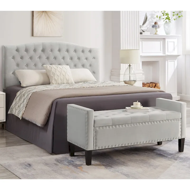 Banc de rangement capitonné avec boutons et clous décoratifs, siège rembourré doux avec accoudoirs pour entrée ou salon, bout de lit - Gris