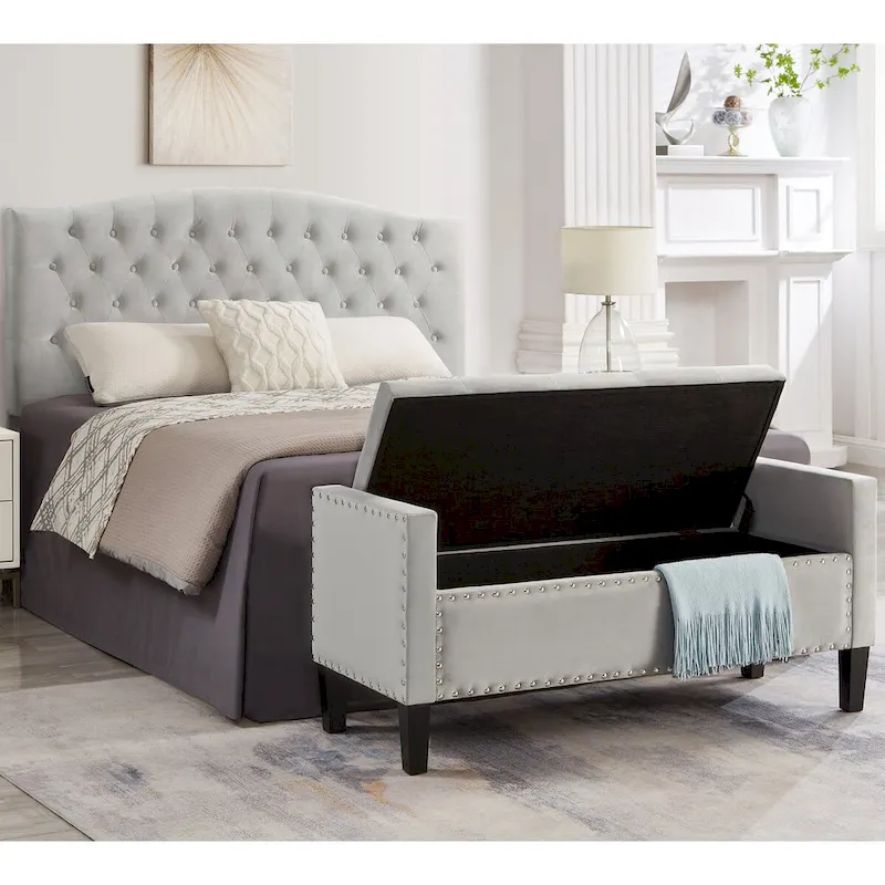Banc de rangement capitonné avec boutons et clous décoratifs, siège rembourré doux avec accoudoirs pour entrée ou salon, bout de lit - Gris