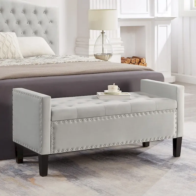 Banc de rangement capitonné avec boutons et clous décoratifs, siège rembourré doux avec accoudoirs pour entrée ou salon, bout de lit - Gris