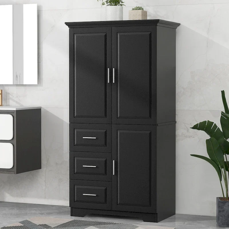 Meuble de rangement haut et large avec portes pour salle de bain/bureau, trois tiroirs