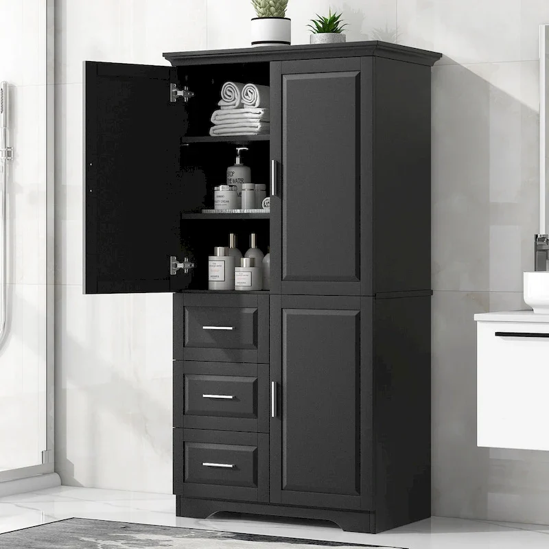 Meuble de rangement haut et large avec portes pour salle de bain/bureau, trois tiroirs
