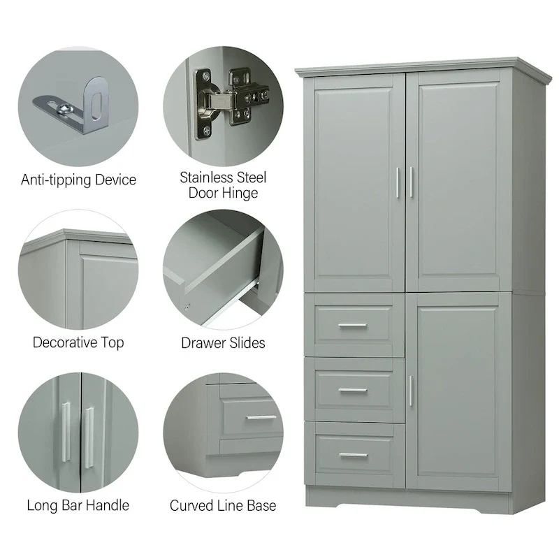 Meuble de rangement haut et large avec portes pour salle de bain/bureau, trois tiroirs