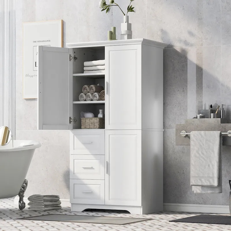 Meuble de rangement haut et large avec portes pour salle de bain/bureau, trois tiroirs