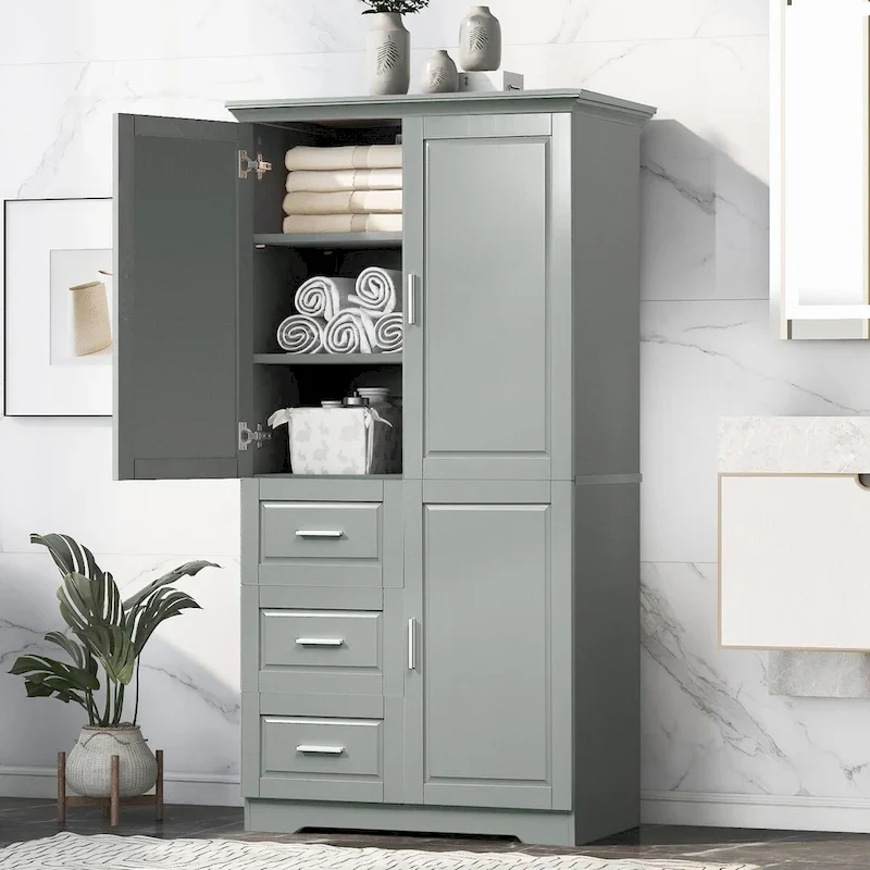 Meuble de rangement haut et large avec portes pour salle de bain/bureau, trois tiroirs, gris