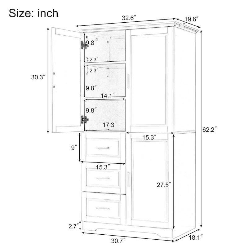 Meuble de rangement haut et large avec portes pour salle de bain/bureau, trois tiroirs, gris