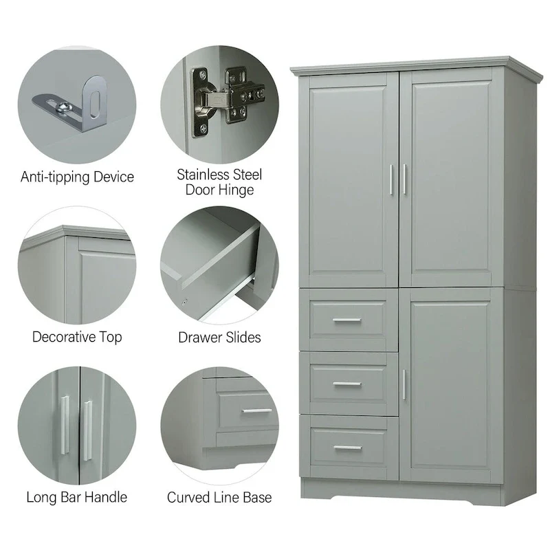 Meuble de rangement haut et large avec portes pour salle de bain/bureau, trois tiroirs, gris