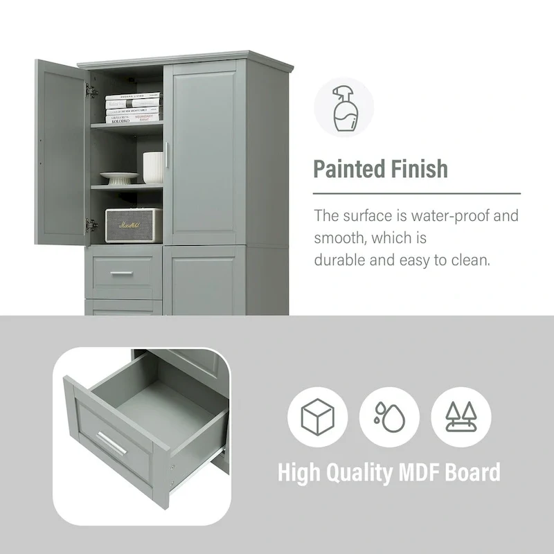 Meuble de rangement haut et large avec portes pour salle de bain/bureau, trois tiroirs, gris