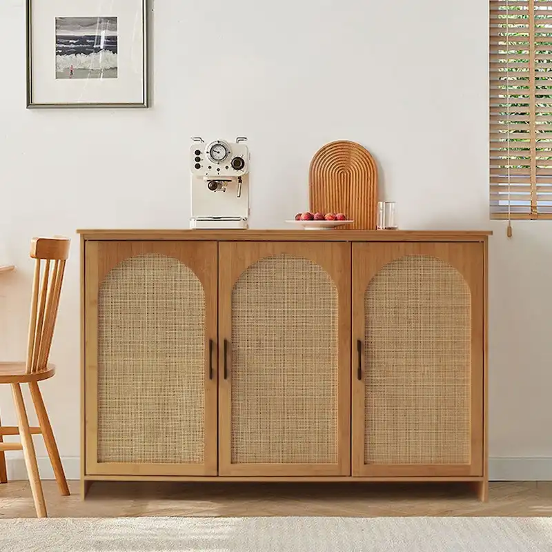 Buffet bahut de cuisine à 3 portes en rotin naturel et bambou
