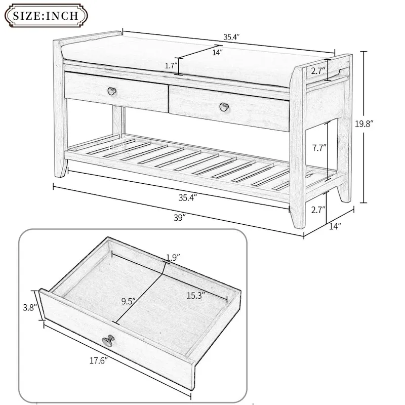 Banc de rangement d'entrée moderne multifonction avec siège rembourré et tiroirs