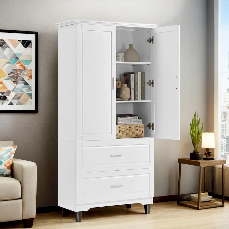 Meuble de rangement haut de salle de bain 63 pouces, avec deux portes et tiroirs, étagère réglable, panneau MDF, blanc