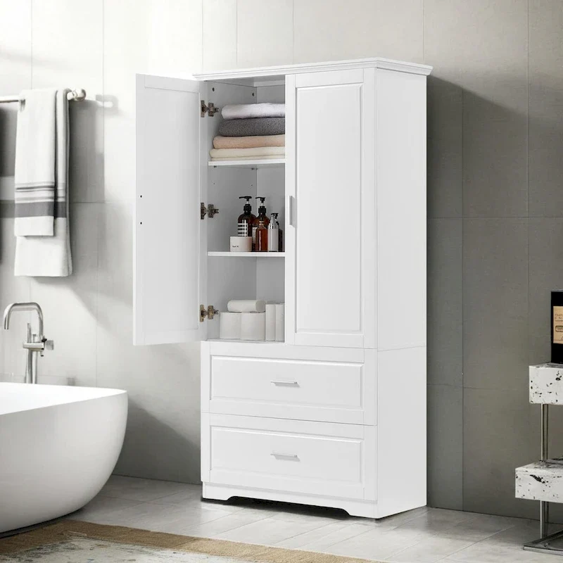 Meuble de rangement haut de salle de bain 63 pouces, avec deux portes et tiroirs, étagère réglable, panneau MDF, blanc