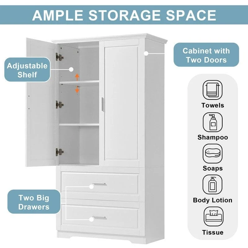 Meuble de rangement haut de salle de bain 63 pouces, avec deux portes et tiroirs, étagère réglable, panneau MDF, blanc
