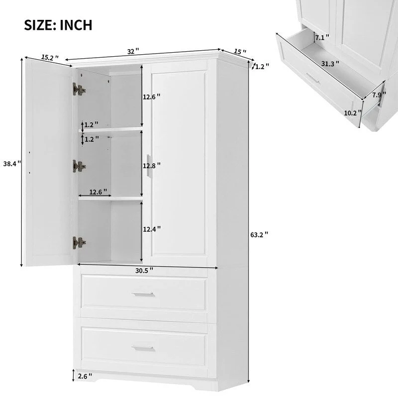 Meuble de rangement haut de salle de bain 63 pouces, avec deux portes et tiroirs, étagère réglable, panneau MDF, blanc