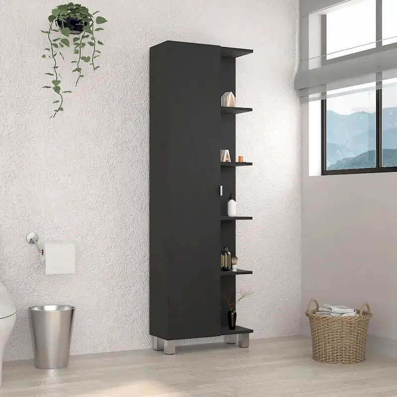 Armoire à linge avec miroir, quatre étagères intérieures, cinq étagères extérieures, noire