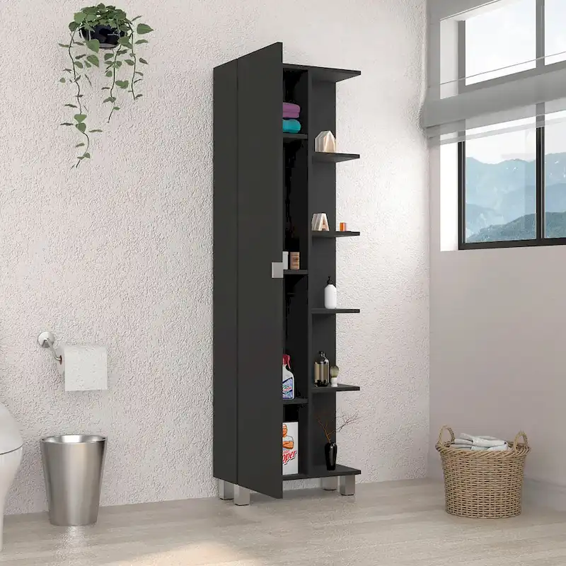 Armoire à linge avec miroir, quatre étagères intérieures, cinq étagères extérieures, noire