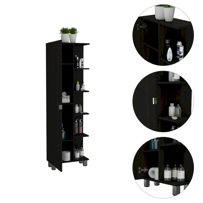 Armoire à linge avec miroir, quatre étagères intérieures, cinq étagères extérieures, noire